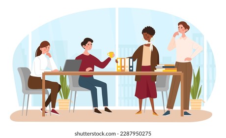 Business meeting concept. Man and women standing near table in office. Board of directors brainstorming and discuss. Collaboration and cooperation, partnership. Cartoon flat vector illustration