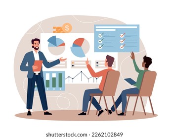 Business meeting concept. Men look at graphs, diagrams and charts, work with statistics. Presentation and analysis, research. Infographics and financial report. Cartoon flat vector illustration