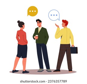 Business meeting concept. Men and woman talking about workflow. Brainstorming and conference. Communication and interaction. Cartoon flat vector illustration isolated on white background