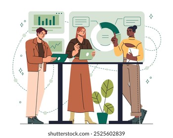 Business meeting concept. Men and woman near charts and diagrams. Financial literacy and market research. Colleagues and partners in office. Flat vector illustration isolated on white background