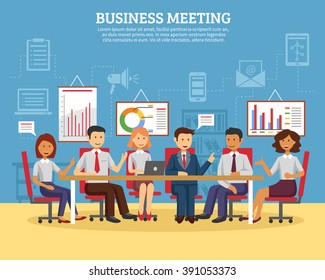 Business Meeting Concept With People Chatting In Conference Room Flat Vector Illustration