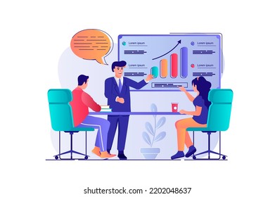 Business meeting concept with people scene. Man and woman discussing presentation, doing work tasks and create company financial strategy. Vector illustration with characters in flat design for web