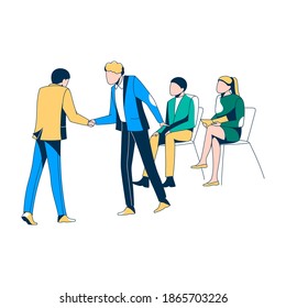 Business meeting concept. People shaking hands at meeting or after negotiations, taking part in recruitment process and waiting job interview at line vector illustration