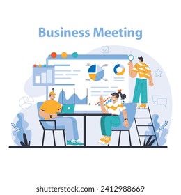 Business meeting concept. Professional team analyzing data and performance metrics. Strategic planning and collaborative discussions. Flat vector illustration.