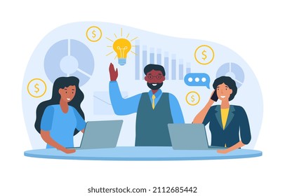 Business meeting concept. Scenes from office, analytical department. Marketing research, board of directors looking for ways to develop company, brainstorming. Cartoon flat vector illustration