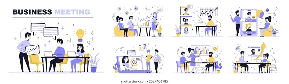 Business meeting concept set in flat web design. Collection with people discussing and cooperate at conference, working in team by video call. Flat vector illustration isolated on white background.