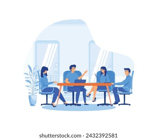 Concepto de reunión de negocios. Equipo de gente sentada en el escritorio con computadoras portátiles, trabajando juntos, discutiendo sobre el inicio. Reunión de colegas. vector plano ilustración moderna 