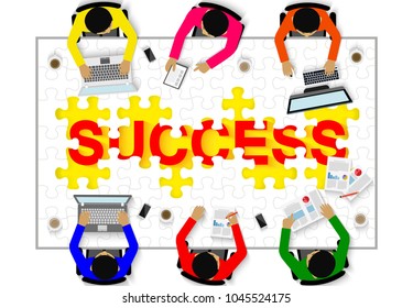 Business meeting Concept . team work . Businessmen help to brainstorm modern ideas And to achieve higher And successful. modern Idea  in top view. white jigsaw With red SUCCESS letters. Vector