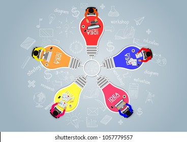 Business meeting Concept. teamwork. Businessmen help to brainstorm modern idea. and to achieve higher And success in the organization. Vector illustration infographic template light bulb