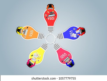 Business meeting Concept. teamwork. Businessmen help to brainstorm modern idea. and to achieve higher And success in the organization. Vector illustration light bulb