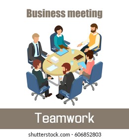 Business meeting concept. Teamwork at the office. Isometric 3d vector illustration.