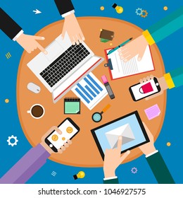Business Meeting Concept. Top View Of Desk With Hands, Gadgets And Documents Vector Illustration. 