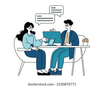 Business meeting concept. Two professionals engaged in a collaborative discussion over a laptop at a modern office setup. Dynamic dialogue and teamwork. Vector illustration.