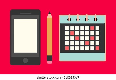 business meeting concept - vector flat design of calendar, mobile phone and pencil