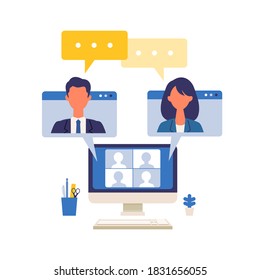 Business meeting concept. Vector illustration of people talking via telecommuting system. Concept for video conference, workers at home or office. Flat design vector illustration of teleworking people.