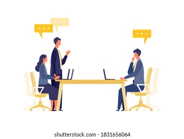 Business meeting concept. Vector illustration of businesspeople talking. Concept of workers at office video conferencing. Flat design vector illustration of working people.