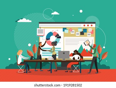 Business meeting concept vector illustration. Businessman makes presentation of new business strategy. Agile team work in office with analytics data board