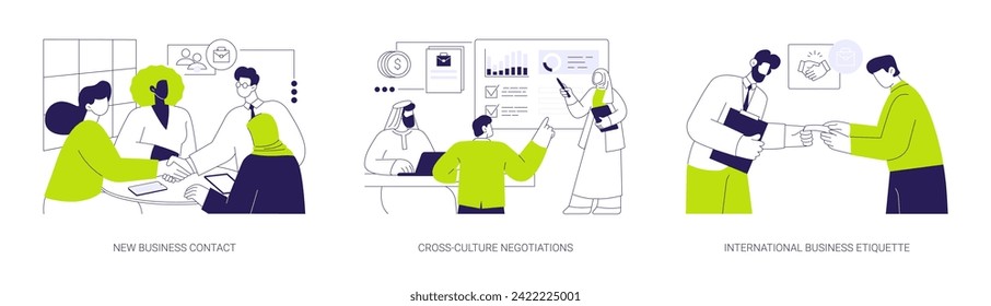 Business meeting at conference abstract concept vector illustration set. New business contact, cross-culture negotiations, international business etiquette, partnership idea abstract metaphor.