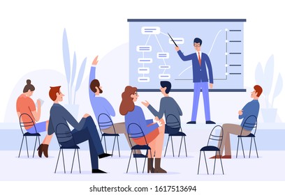 Business Meeting, Conference Flat Vector Illustration. Businesspeople, Spokesperson And Listeners Faceless Characters. Business Overview Report, Company Staff Session, Project Presentation