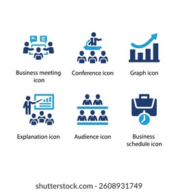 Business meeting, Conference, Graph, Explanation, Audience, Business schedule, Blue Icon Set