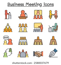 Business meeting and Conference icon set in color line style