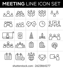 Business meeting, conference, presentation, discussion Outline vector icon set