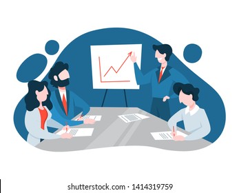 Business meeting in the conference room concept. Team on the seminar and man making presentation for colleagues. Company office interior. Vector illustration in cartoon style