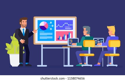 Business meeting in conference room. Presentation of the project. Man speaks to his colleagues. Flat vector illustration