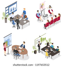 Business meeting in the conference room set. Team on the seminar and man or woman making presentation with diagram and graph for colleagues. Isolated vector isometric illustration