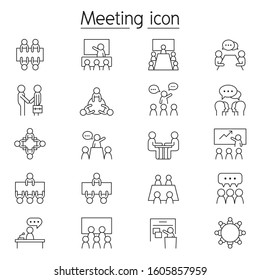 Business meeting, conference, seminar & Interview icon set in thin line style