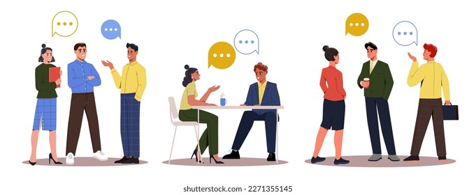 Business meeting or conference. Set of Men and women entrepreneurs in formal clothes communicate and negotiate. Partners discussing project. Cartoon flat vector collection isolated on white background