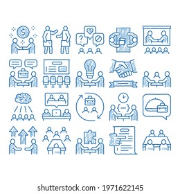 Business Meeting Conference sketch icon vector. Hand drawn blue doodle line art Business Meeting And Seminar, Businessman Partnership, Communication And Talking Illustrations