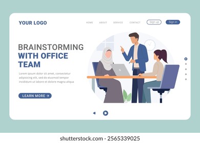 Business meeting at conference table. Office team, employees at brainstorm, work discussion. Corporate communication, teamwork, collaboration. Landing Page template