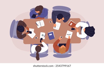 Business meeting at conference table. Top view people in formal suits solve work issues. Office staff. Employees group brainstorming. Businessman negotiation. Garish