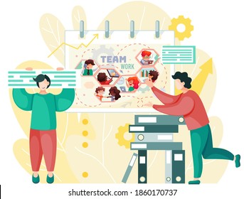 Business meeting, consideration of working issues. Office workers communicating. Team work, management concept. Business people man and woman talking, discussing presentation graph and chart