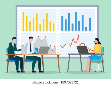 Business meeting, consideration of working issues. Working space office workers sitting at desks with laptops. Business people man and woman talking communication, discuss presentation graph and chart