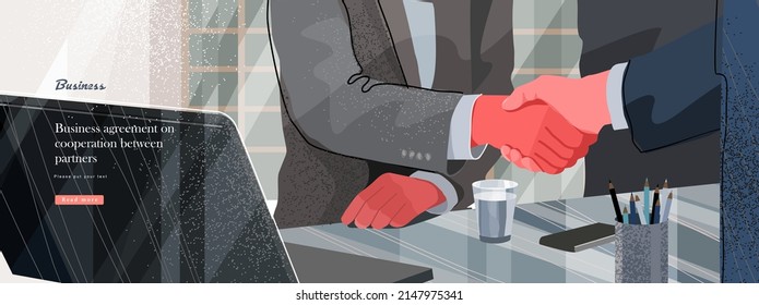 Business meeting, contract and handshake. Vector modern illustration of business conversation of people in the office, analysis, discussion and success in the deal.