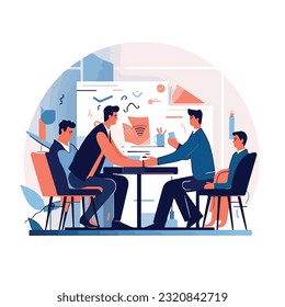 Business meeting, contract and handshake. Vector modern illustration of business conversation of people in the office, analysis, discussion and success in the deal