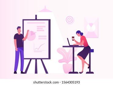 Business Meeting in Creative Office. Project Presentation, Male Character Point on Financial Data Analysis Graphs on Flip Board to Business Colleague Sitting at Desk. Cartoon Flat Vector Illustration