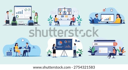 Business Meeting, Data Analytics and Job Search Concept Set – Corporate Office Flat Vector Illustration Collection