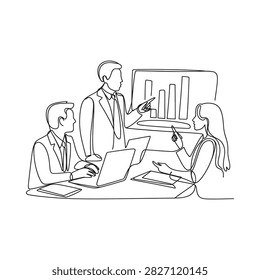 Business meeting with data presentation continuous line drawing style