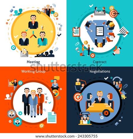 Business meeting design concept set with meeting contract working group negotiations flat icons isolated vector illustration