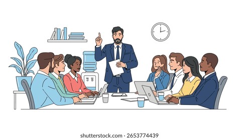 Business meeting discussion among diverse team members around a table