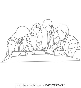 Business meeting discussion between workers in the office hand drawn vector illustration line art design.
