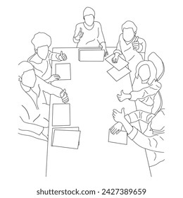 Business meeting discussion between workers in the office hand drawn vector illustration line art design.
