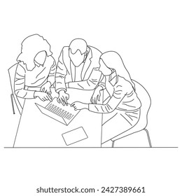 Business meeting discussion between workers in the office hand drawn vector illustration line art design.
