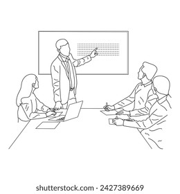 Business meeting discussion between workers in the office hand drawn vector illustration line art design.
