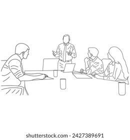 Discusión de la reunión de negocios entre los trabajadores en la oficina dibujado a mano ilustración vectorial diseño de arte de línea.
