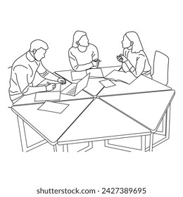 Business meeting discussion between workers in the office hand drawn vector illustration line art design.
