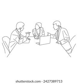 Business meeting discussion between workers in the office hand drawn vector illustration line art design.
